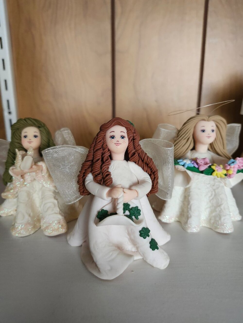 Set of 3 Kneeded Angels Spring Garden Figurines - Shamrocks, Dove & Flowers
